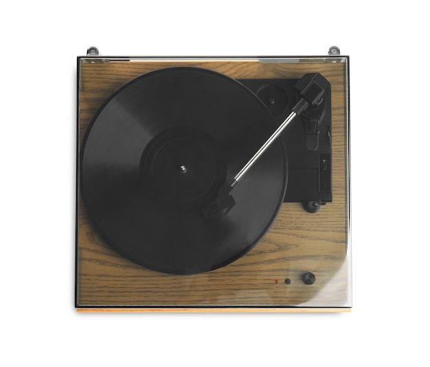 白のトップ ビューで分離されたディスクと現代のビニール レコード プレーヤー
