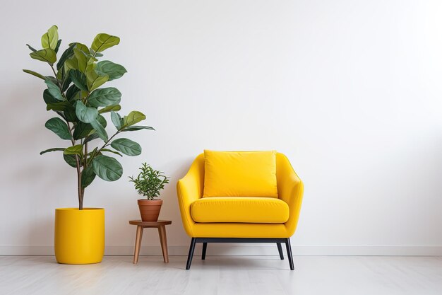 Modern waiting area with yellow armchair and plant in white flowerpot