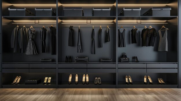 Modern walkin closet with elegant black dresses and shoes