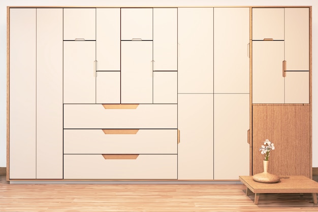 Modern wall wardrobe wooden japanese style on Empty room minimal interior.3D rendering