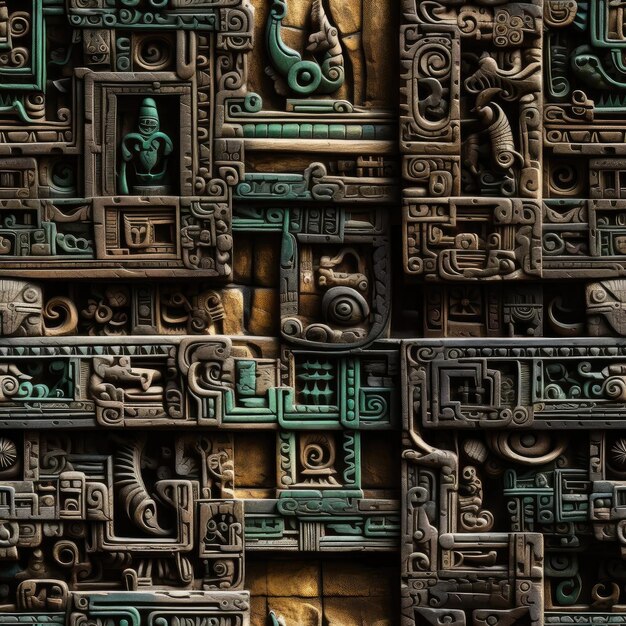 Photo modern wall with carvings inspired by aztec cultures and surreal cyberpunk iconography tiled