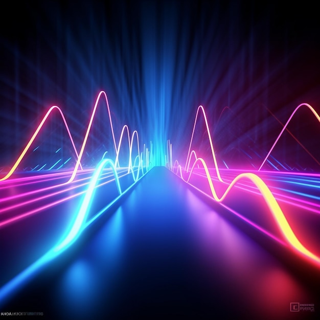 Modern wallpaper with 3D render of abstract black background featuring glowing pink and blue neon li