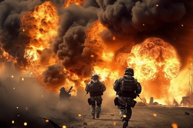 Modern war soldiers with weapons explosions Beautiful illustration picture Generative AI