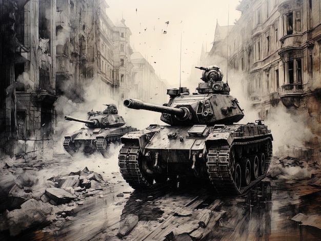 Modern war tank advancing through a street littered with rubble debris and destruction generative AI