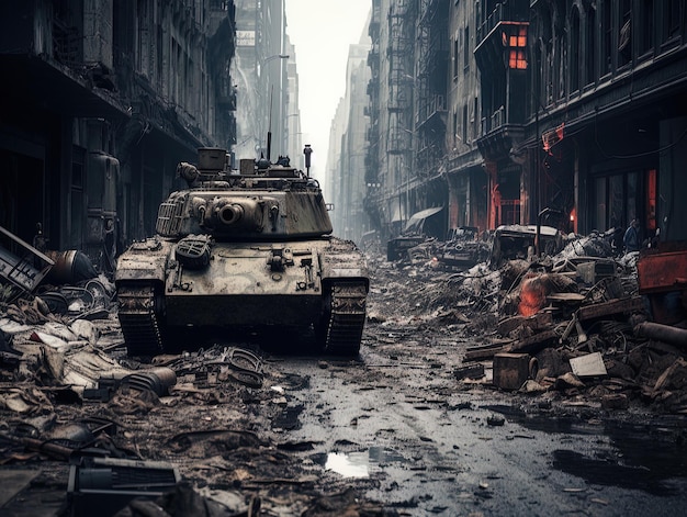 Modern war tank advancing through a street littered with rubble debris and destruction generative AI