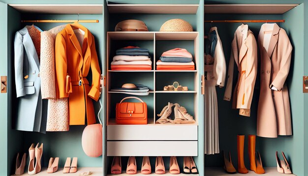 Photo modern wardrobe with stylish spring clothes and access