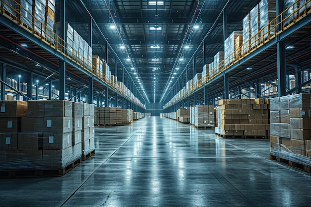 Modern Warehouse Aisle with Pallet Racks and Boxes