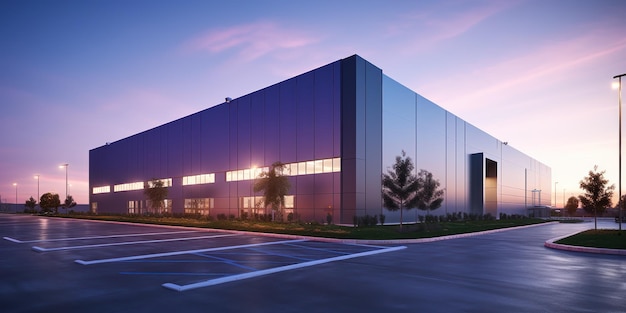 Photo modern warehouse bathed in the glow of the setting sun