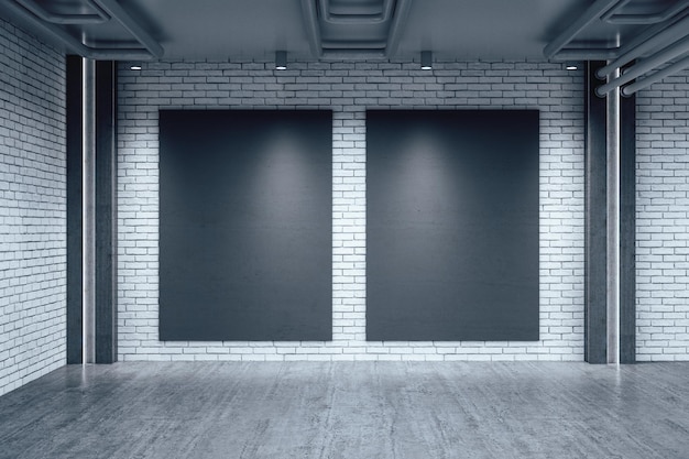 Modern warehouse interior with two blank vertical poster on wall