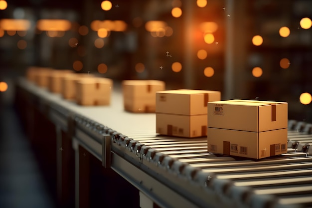 Modern Warehouse Logistics Conveyor Belt with Parcels in Motion