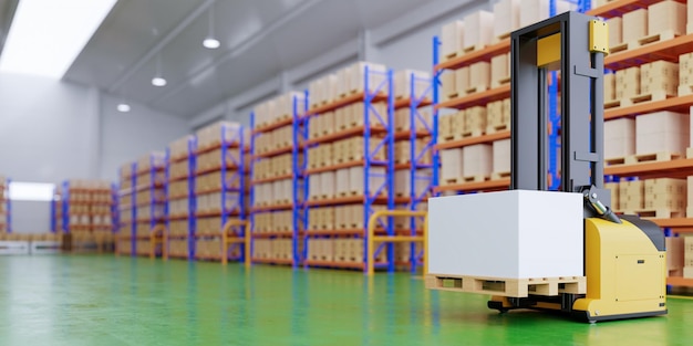 Modern warehouse with AGV forklifts and high shelves