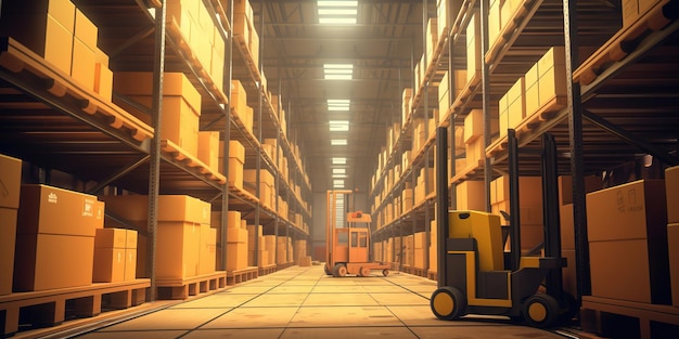 A modern warehouse with shelves filled with boxes, and a forklift standing by