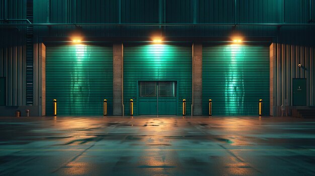 Photo modern warehouse with teal roller doors and industrial lighting