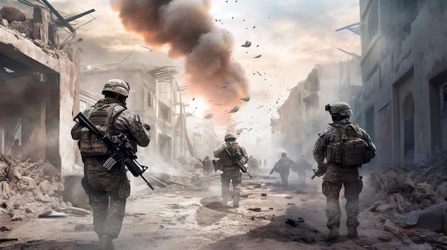 Modern warfare soldiers moving forward Generative AI illustrator