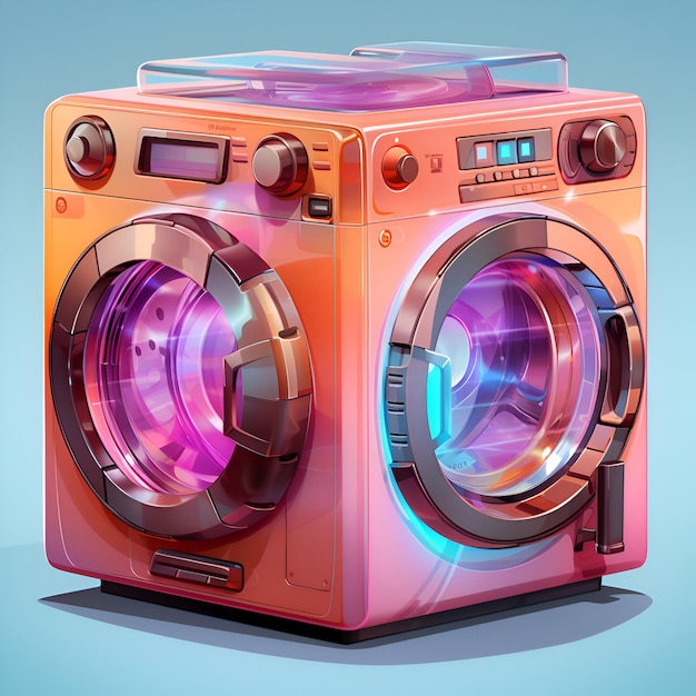 Современная стиральная машина на синем фоне 3D-рендер Реалистичная иллюстрация