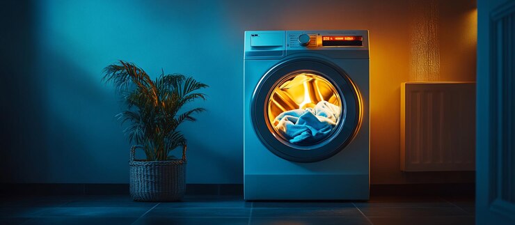 Современная стиральная машина в уютной прачечной с теплым освещением и растением поблизости
