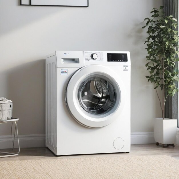 Modern washing machine in empty laundry room