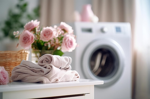 Modern washing machine in laundry room interior Minimalist laundry room Bathroom interior