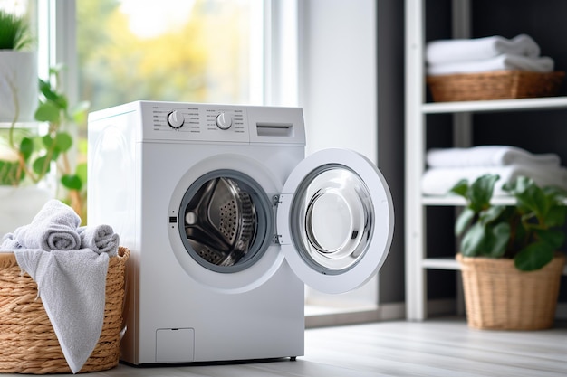 Modern washing machine in laundry room interior Minimalist laundry room with basket and shelving Bathroom interior