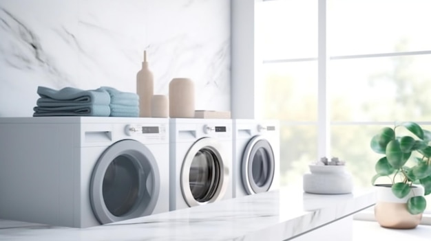 Modern Washing Machine in a White Blurry Home Laundry Room Generative Ai