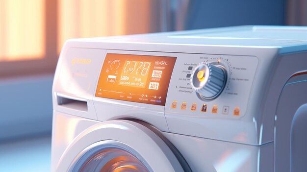 Modern washing machine with laundry closeup digital control display