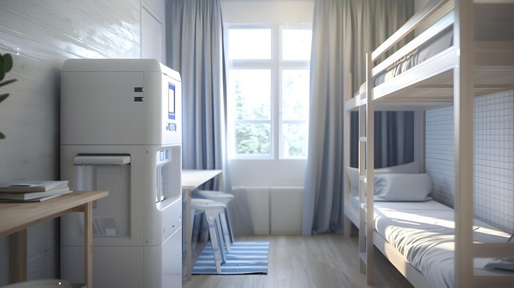 Photo modern water dispenser in bright and spacious school dormitory with bunk beds and natural lighting