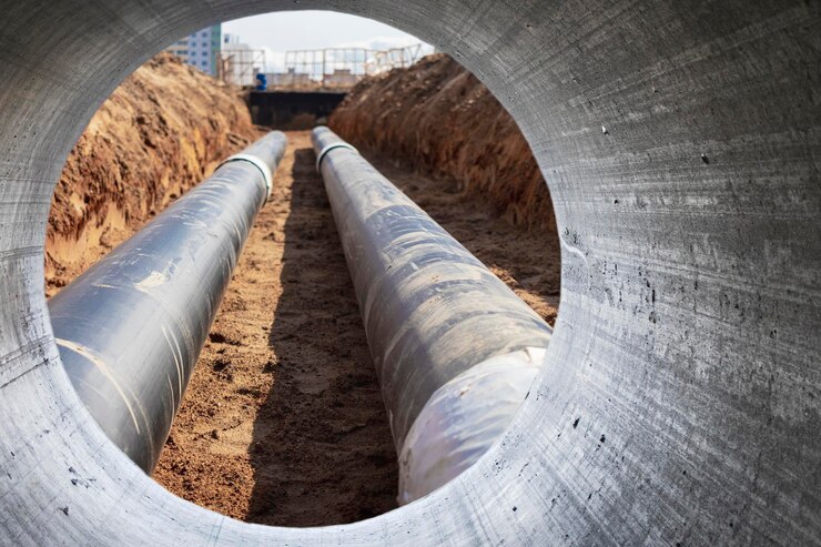 Photo modern water supply and sewerage system underground pipeline works water supply and wastewater disposal of a residential city closeup of underground utilities view from the big pipe