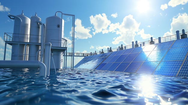 Photo modern water treatment plant with solar panels on a clear day reflecting sustainable energy integrat