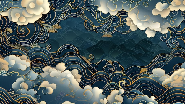 Modern wave pattern template with cloud background Sea surface poster design in oriental style