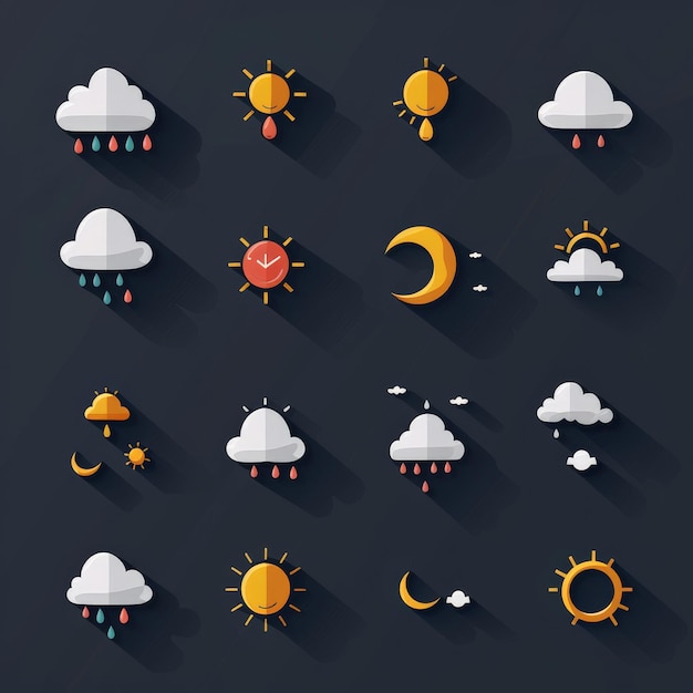 Современные иконы погоды устанавливают плоские векторные символы на темном фоне