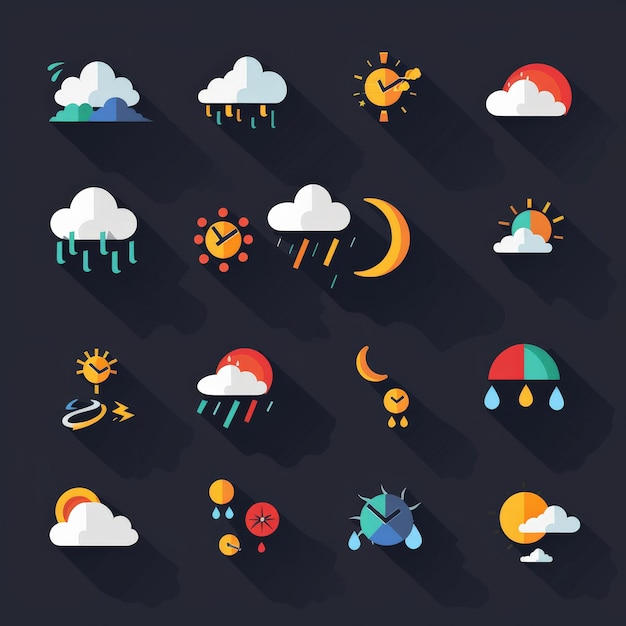 Photo modern weather icons set flat vector symbols on dark background