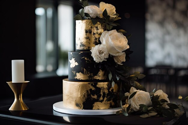 Photo modern wedding cake with fresh flowers and metallic accents created with generative ai