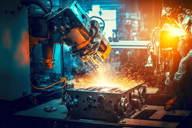 Modern welding machines and robots work in workshop of automotive industry