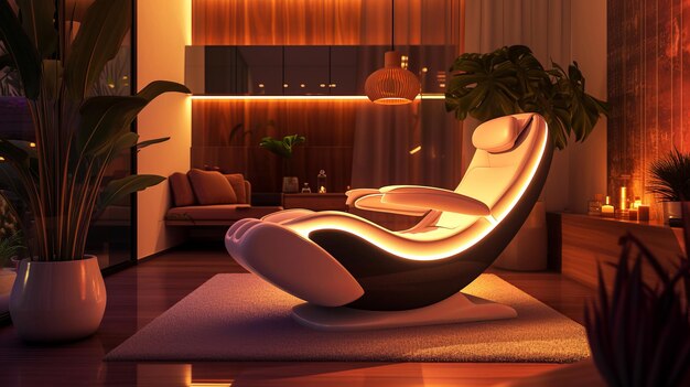 A modern wellness room with advanced relaxation technology like a massage chair ambient lighting and serene music blending comfort with rejuvenation AI Generative