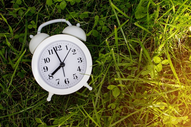 Modern white alarm clock on green background. Time is money mockup. Time-limit. Business deadline