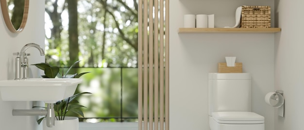 사진 변기 수도꼭지 거울창이 있는 현대적인 흰색 및 깨끗한 욕실 인테리어 디자인