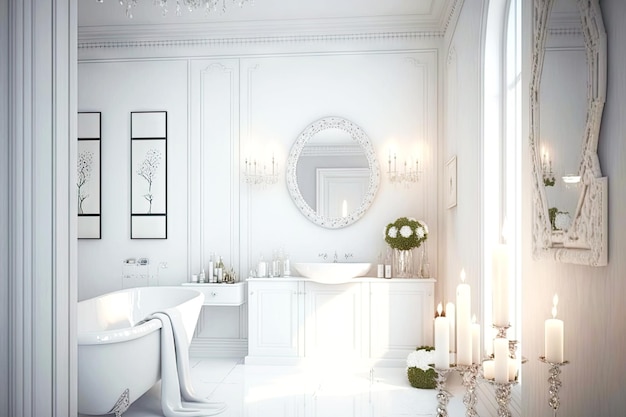 Photo modern white bathroom with candles and mirror on walls created with generative ai