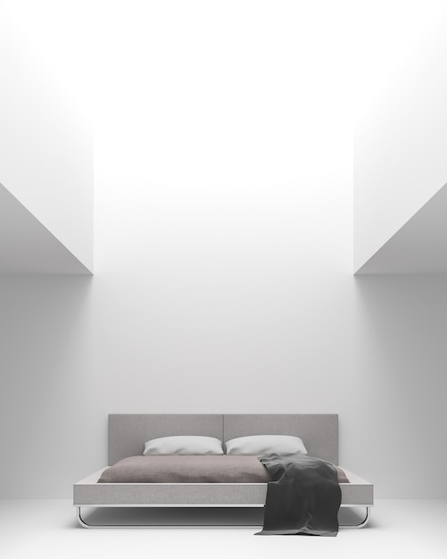 Modern white bedroom interior minimal style 3d render natural light shining down from above