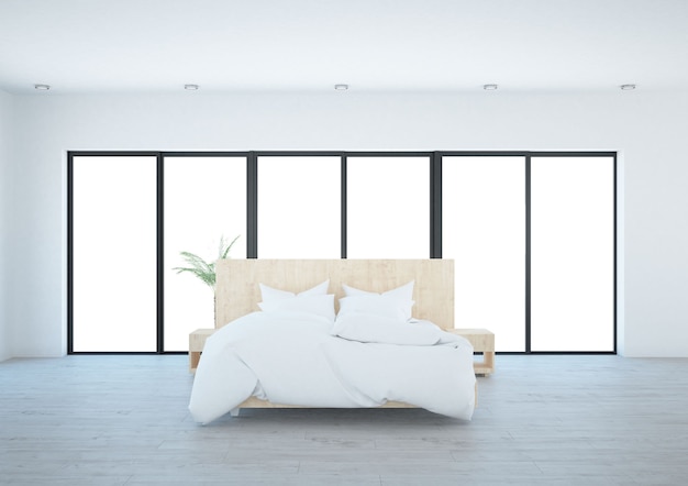 Modern white bedroom with panoramic window view