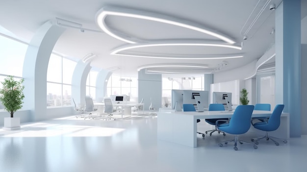 Современный бело-синий офисный интерьер открытого пространства 1 Генеративный ИИ