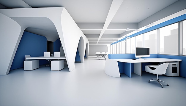 Modern white and blue open space office interior Generative AI