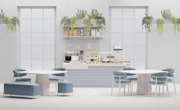 Photo modern white and blue style cafe counter with big window with espresso coffee making machine stack