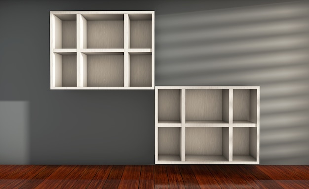 Modern white bookcase, 3d render in an empty room