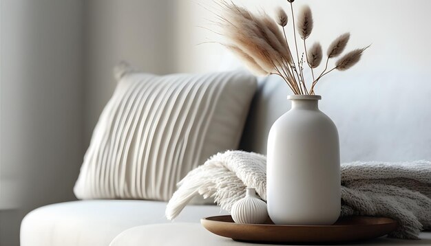 Modern white ceramic vase with dry Lagurus ovatus grass and marble tray on vintage wooden bench