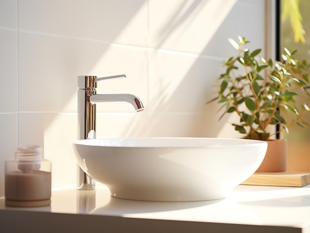 写真 バスルームに朝の日差しが入るモダンな白い清潔な洗面台と蛇口