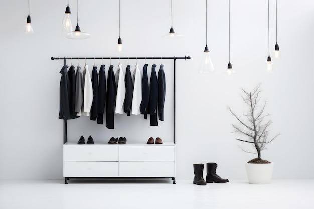 Photo a modern white closet featuring a dresser and a sleek black coat rack embodying a minimalist aesthetic a minimalist wardrobe against a scandinavian backdrop ai generated