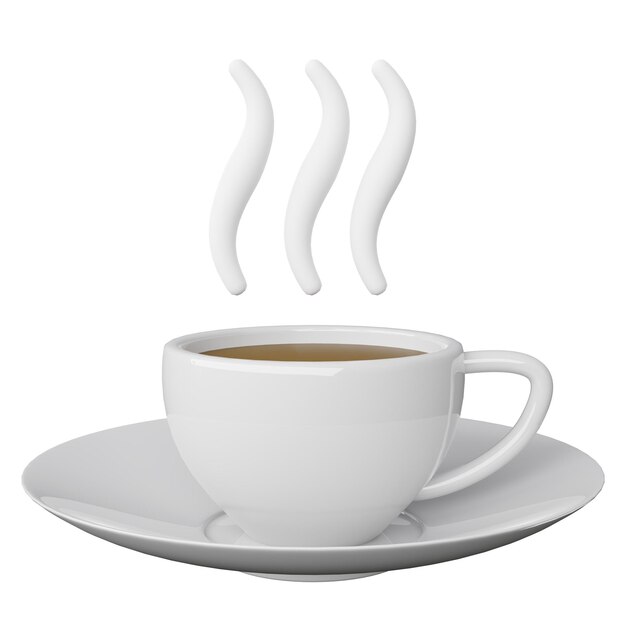 ホット・スチームのシンボルがカップの上に浮かび上がる現代の白いコーヒーカップ 3Dレンダリングイラスト