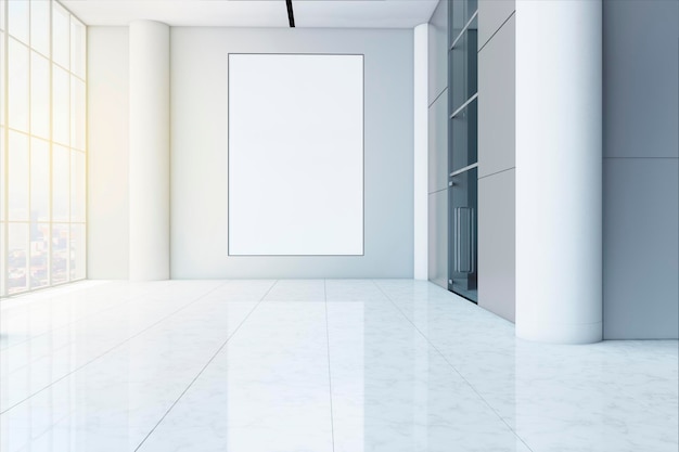 Modern white concrete business center hall interior with empty\
mock up poster on wall windows and bright city view 3d\
rendering