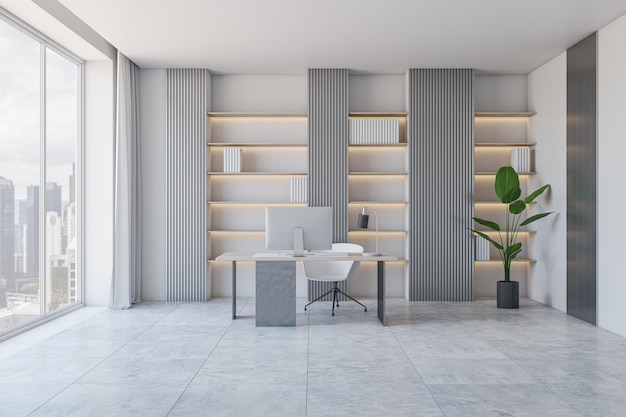 Modern white concrete and wooden stylish designer office\
interior with panoramic city view furniture computer monitor\
bookcase shelves 3d rendering