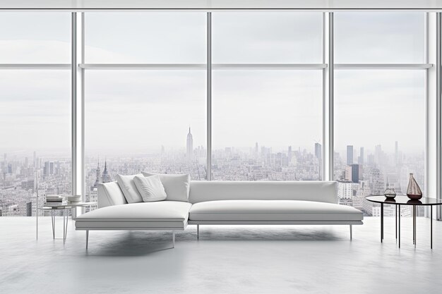 Modern white couch placed in front of a large window with a scenic view generative ai